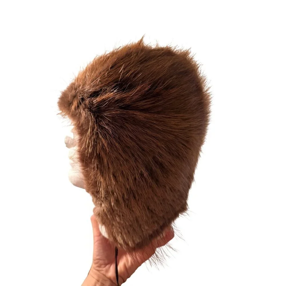 Vintage Beaver Fur Womens Trapper Hat One Size Reddish Brown Earflaps Pom-poms